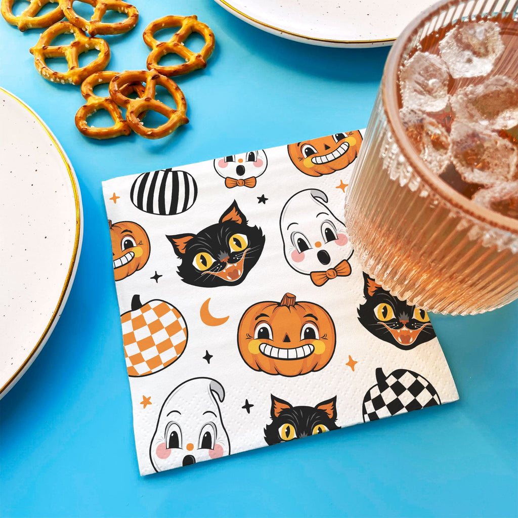 Big Dot of Happiness Vintage Halloween Napkins, Black Cat Pumpkin and Ghost Retro Halloween Party Decor, White 3-Ply Paper Beverage Cocktail Napkins - 24 Count