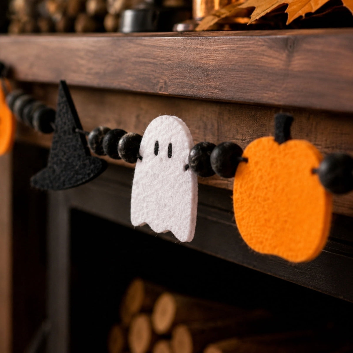 Halloween Decorations Cute Spooky Felt Garland, Black Bead Chain Pumpkin Witch Hat Ghost Banner for Home Indoor Holiday Decor