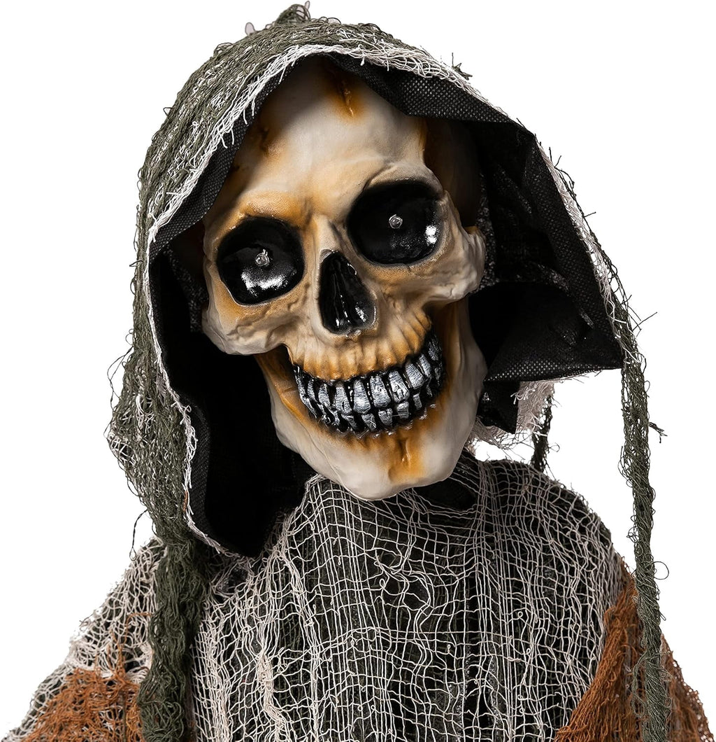 Joyfy 67" Standing Grim Reaper with Chain, Large Halloween Decorations Outdoor, Life Size Animatronics Skelton, Sound-Actived Party Decor with Creepy Sound & LED Eyes, Scary Haunted House Props