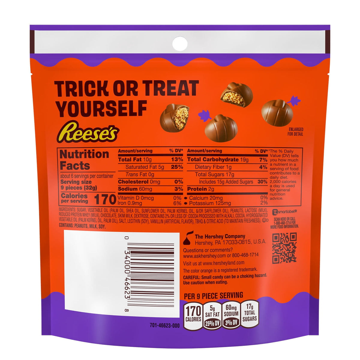 Reese's Unwrapped Chocolate Peanut Butter Creme Mini Pumpkins, Halloween Candy Bag, 7 oz