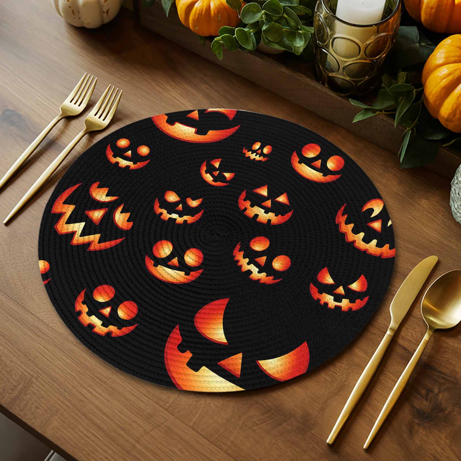 Halloween Round Placemats Set of 4 Spooky Jack-O-Lanterns Place Mats Washable Woven Placemat Orange Black Scary Pumpkin Grimace Circle Braided Table Mat for Kitchen Dining Table Party Decor 15 Inch