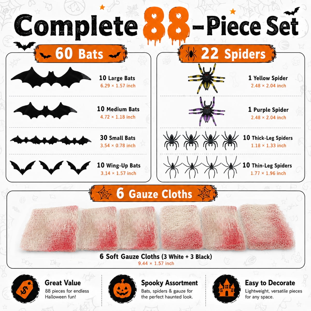 Halloween Creepy Cloth Halloween Gauz Scary Decoration with Bats Spiders Fabric Hanging Spooky Stuff for Indoor Outdoor Home Wall Haunted House Party Supplies 88Pcs Set 1
