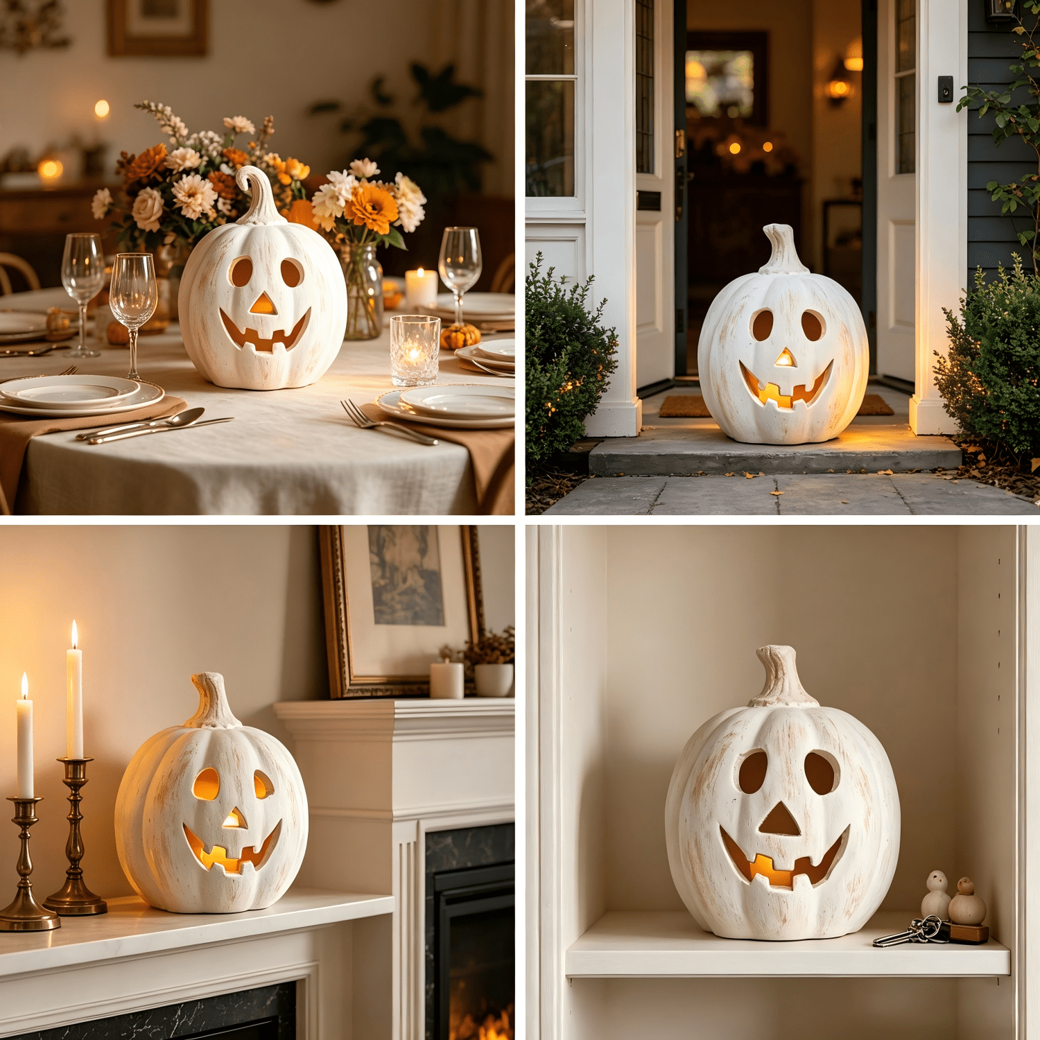 Fall Decor - Halloween Decorations - 5.9"H White Handmade Resin Pumpkin Jack O' Lantern with Flameless Candle - Outdoor Indoor Autumn Decoration for Table Centerpieces Porch Room Front Door
