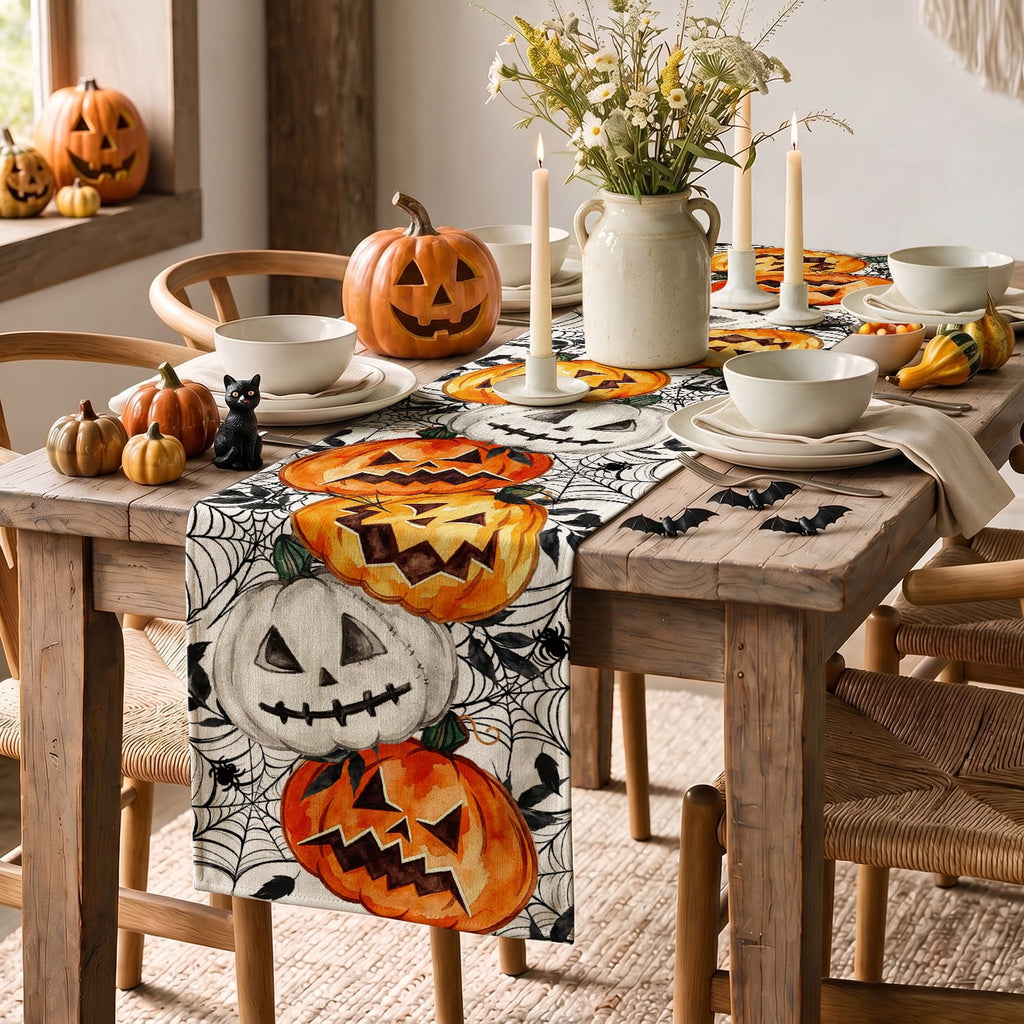 Smile Jack O Lantern Pumpkin Ghost Spider Halloween Table Runner 13 x 72 Inch