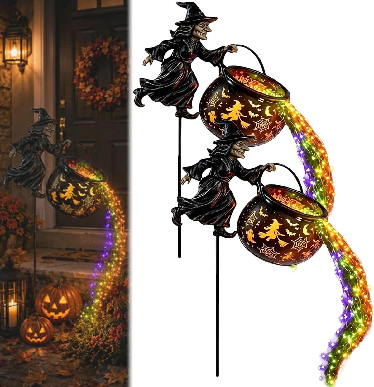 Light up Halloween Decor - Witch Cauldron Garden Light with Stake, Multicolor Potion Cascade & Cutout Shadow Projection, Outdoor Yard for Porch Lawn Patio, Party & Seasonal Display