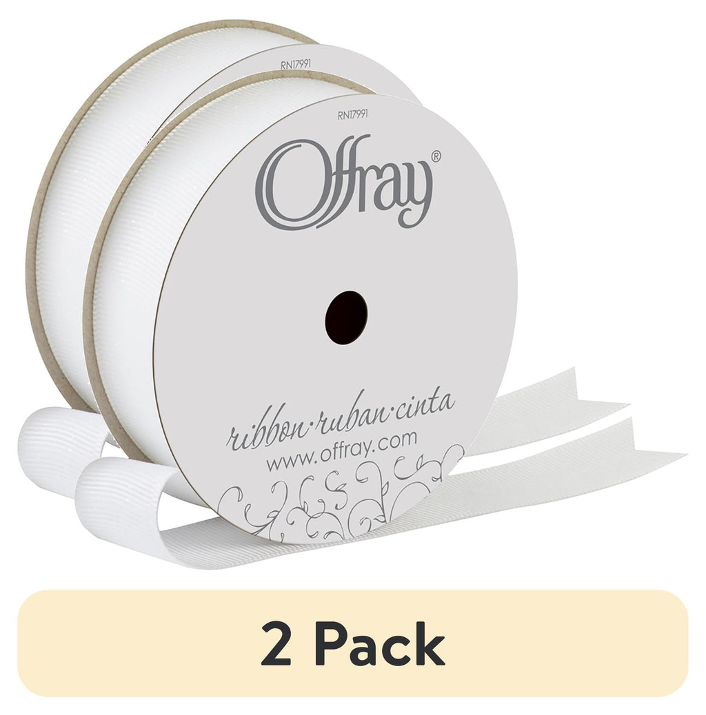 (2 pack) Offray Ribbon, White 7/8 inch Grosgrain Glitter Polyester Ribbon for Sewing, Crafts, and Gifting, 9 feet, 1 Each
