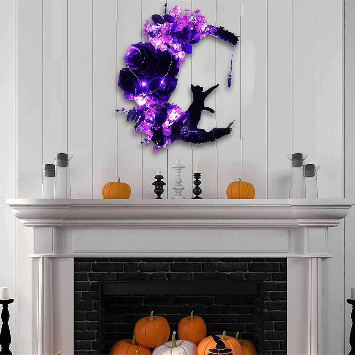 Wiher Halloween Wreaths with Lights for Front Door, 13.77" Halloween Moon Wreath with Black Cat Wood Wreath Halloween Wreath Horror Decorations for Home Party Window Wall Indoor Outdoor C