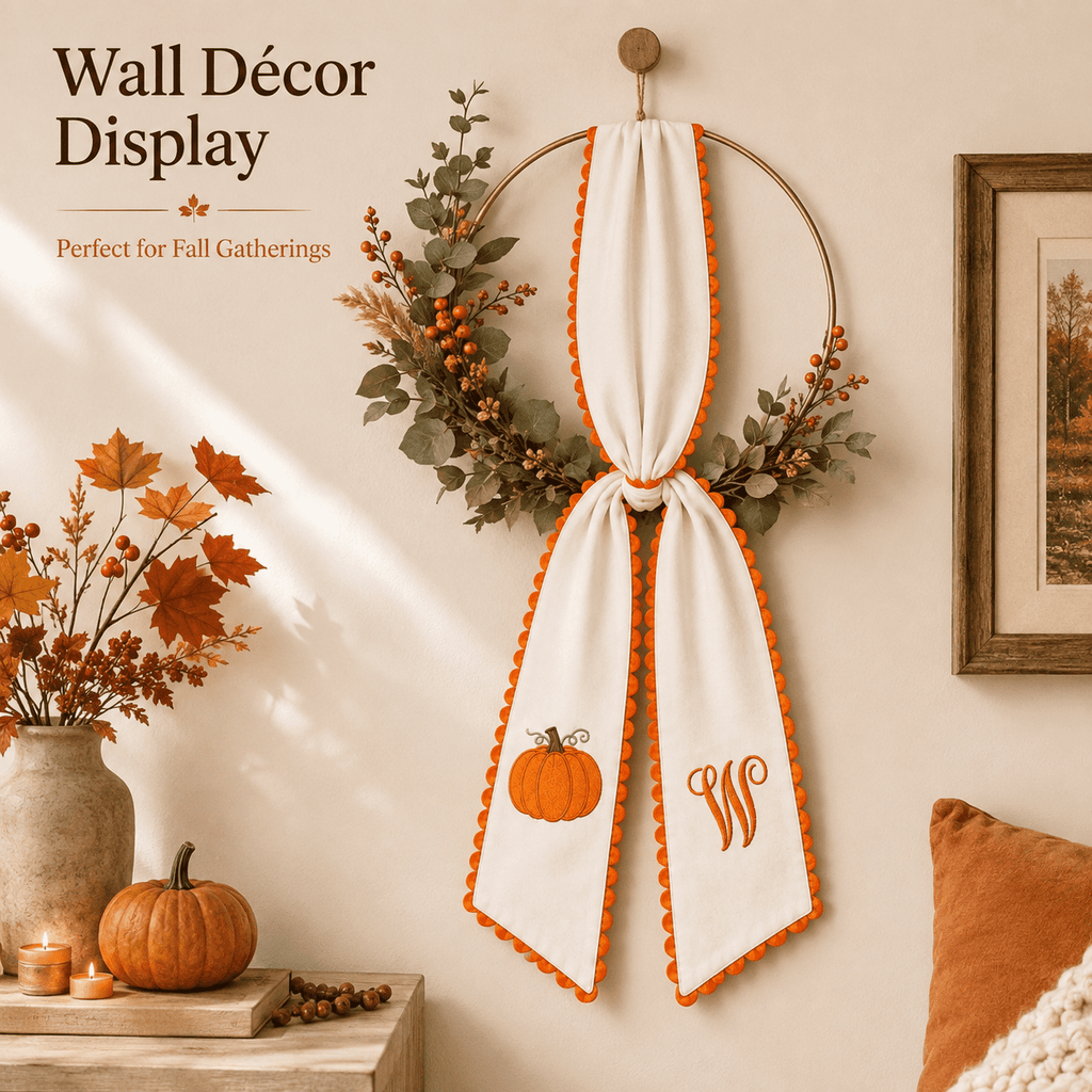 Pumpkin Embroidered Wreath Sash, 50 x 5 inch Orange Scalloped Lettered Ribbon for Halloween, Thanksgiving, Front Door, Seasonal Garland and Fall Home Decor, I