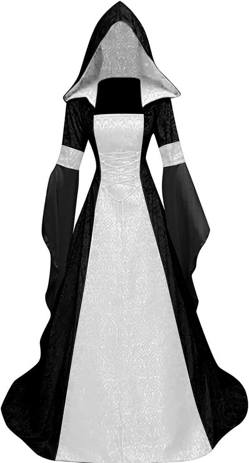 Halloween Witch Costume Women, Deluxe Witch Dress Costume, Vintage Embroidered Renaissance Gothic Hooded Vampire Gown Dress Cosplay Costumes Black M