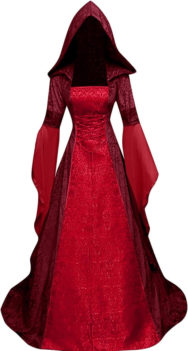 Halloween Witch Costume Women, Deluxe Witch Dress Costume, Vintage Embroidered Renaissance Gothic Hooded Vampire Gown Dress Cosplay Costumes Black M