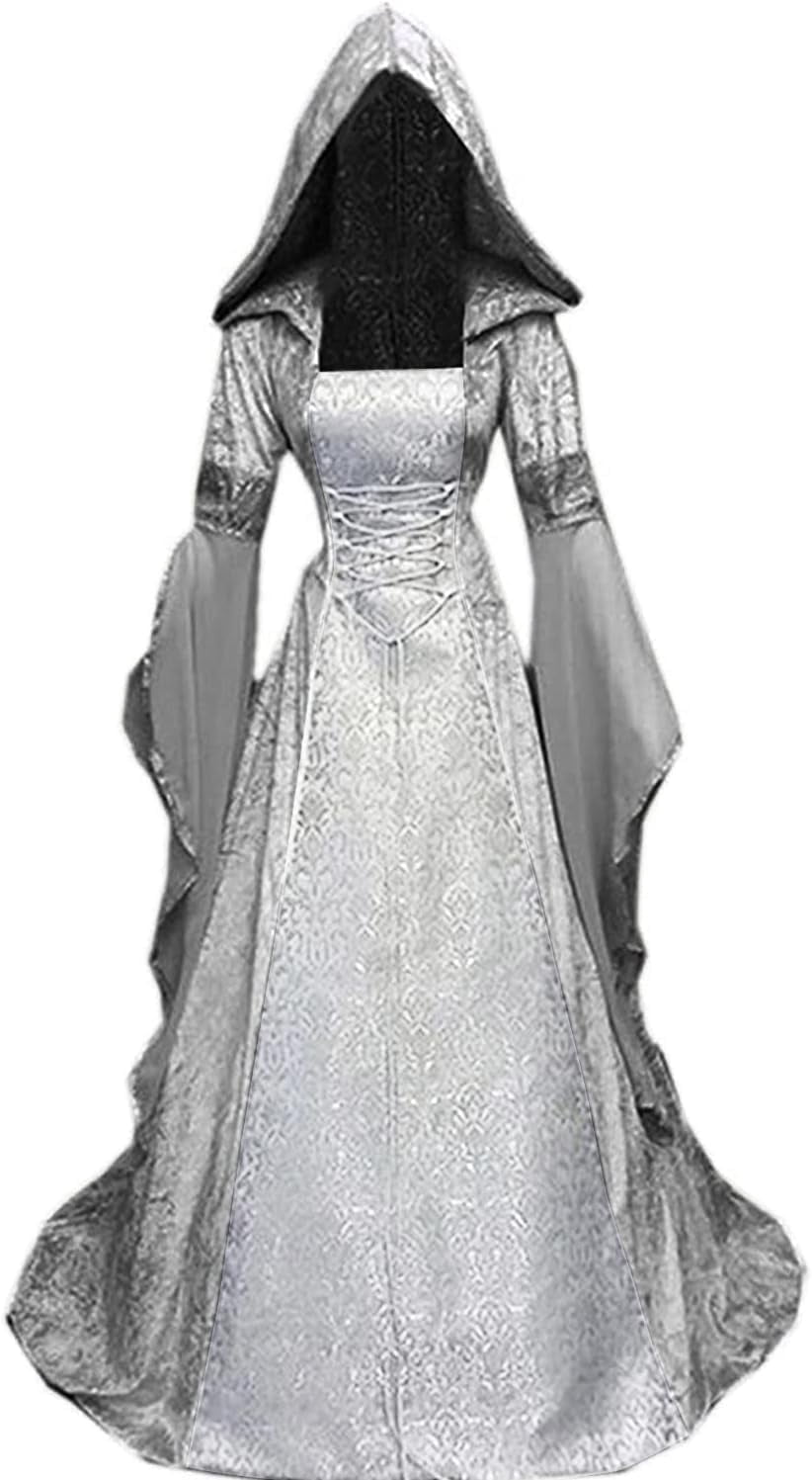 Halloween Witch Costume Women, Deluxe Witch Dress Costume, Vintage Embroidered Renaissance Gothic Hooded Vampire Gown Dress Cosplay Costumes Black M