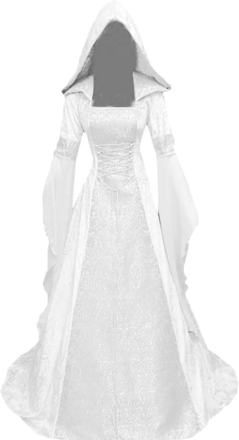 Halloween Witch Costume Women, Deluxe Witch Dress Costume, Vintage Embroidered Renaissance Gothic Hooded Vampire Gown Dress Cosplay Costumes Black M