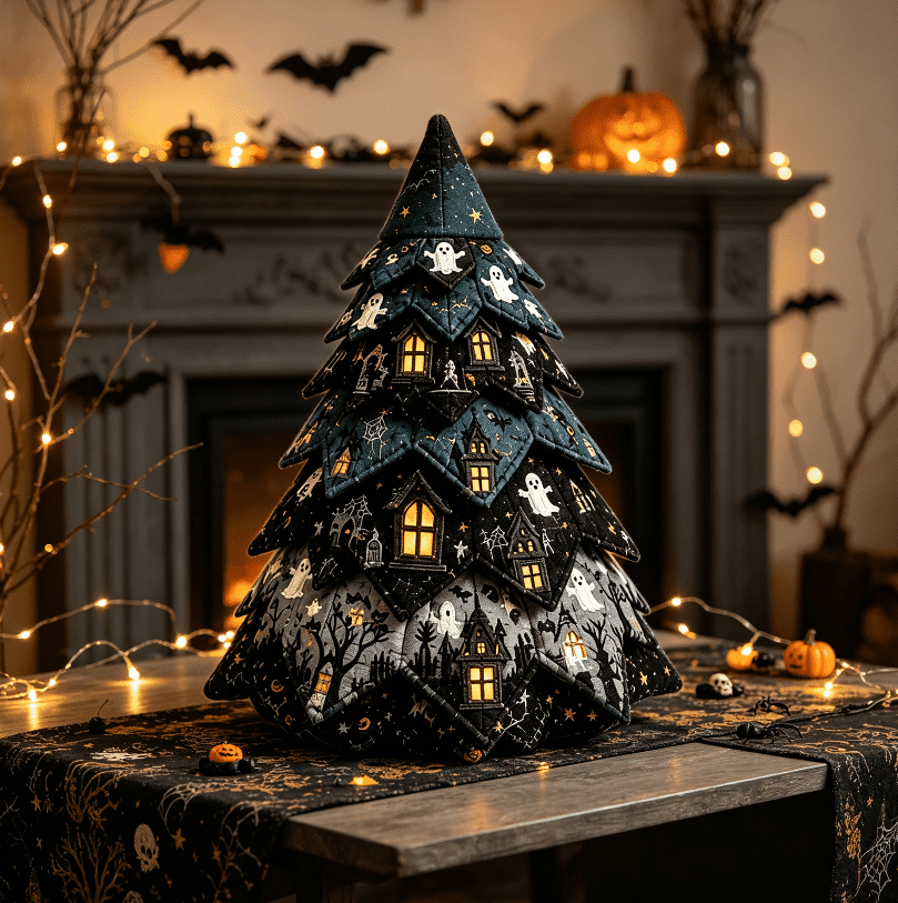 2026 Moonlit Black Cat DIY Halloween Quilted Fabric Tree Kit - Patchwork Fabric Halloween Tabletop Tree, Autumn Mantel Ornament for Adult Rustic Farmhouse Seasonal Display