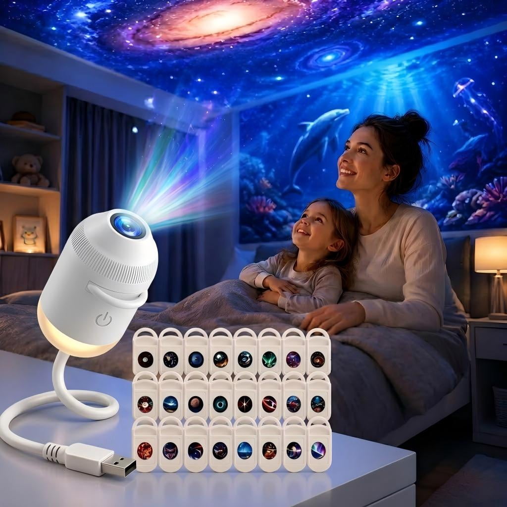 2026 NEW HD Smart Dynamic 5D Holographic Night Light Projector, 2-in-1 Galaxy Star & Ocean Ceiling Projector with 1 HD Films, 360° Flexible USB Powered Ambient Light for Bedroom & Room Decor