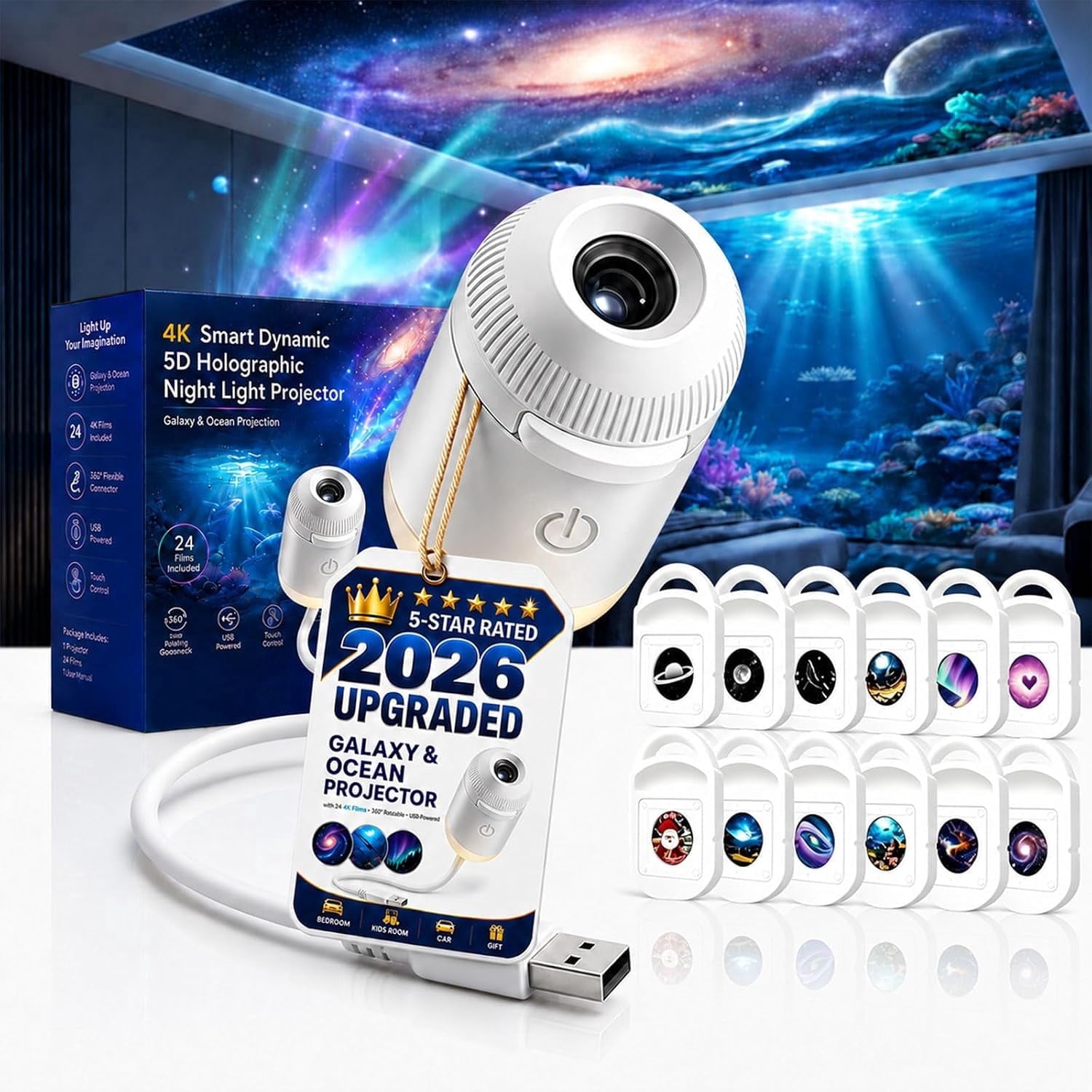 2026 New Upgraded 4K Smart Dynamic 5D Holographic Night Light Projector, 2-in-1 Galaxy & Ocean Star Ceiling Projector with 24 HD Films, 360° Flexible USB Powered Lamp for Bedroom Decor & Car GIft