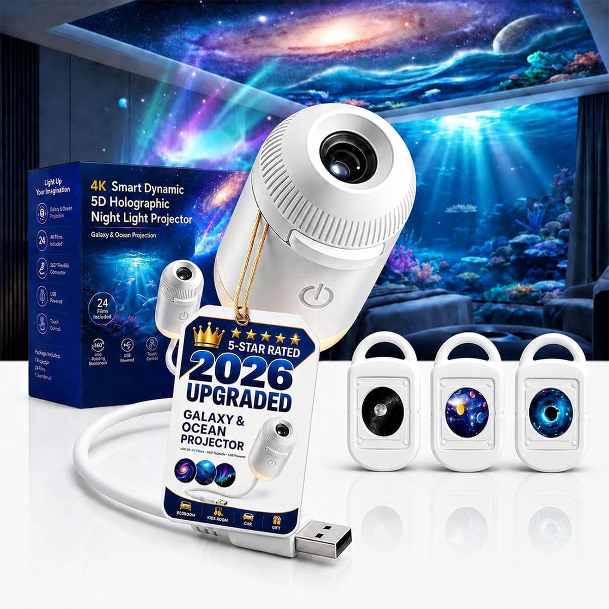 2026 New Upgraded 4K Smart Dynamic 5D Holographic Night Light Projector, 2-in-1 Galaxy & Ocean Star Ceiling Projector with 24 HD Films, 360° Flexible USB Powered Lamp for Bedroom Decor & Car GIft