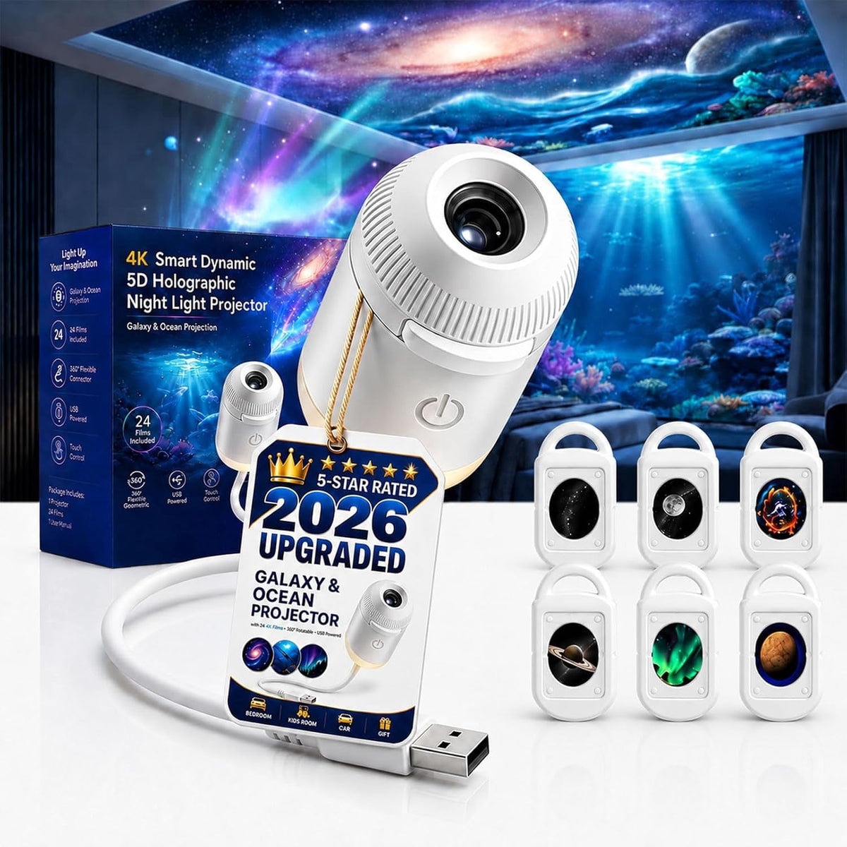 2026 New Upgraded 4K Smart Dynamic 5D Holographic Night Light Projector, 2-in-1 Galaxy & Ocean Star Ceiling Projector with 24 HD Films, 360° Flexible USB Powered Lamp for Bedroom Decor & Car GIft