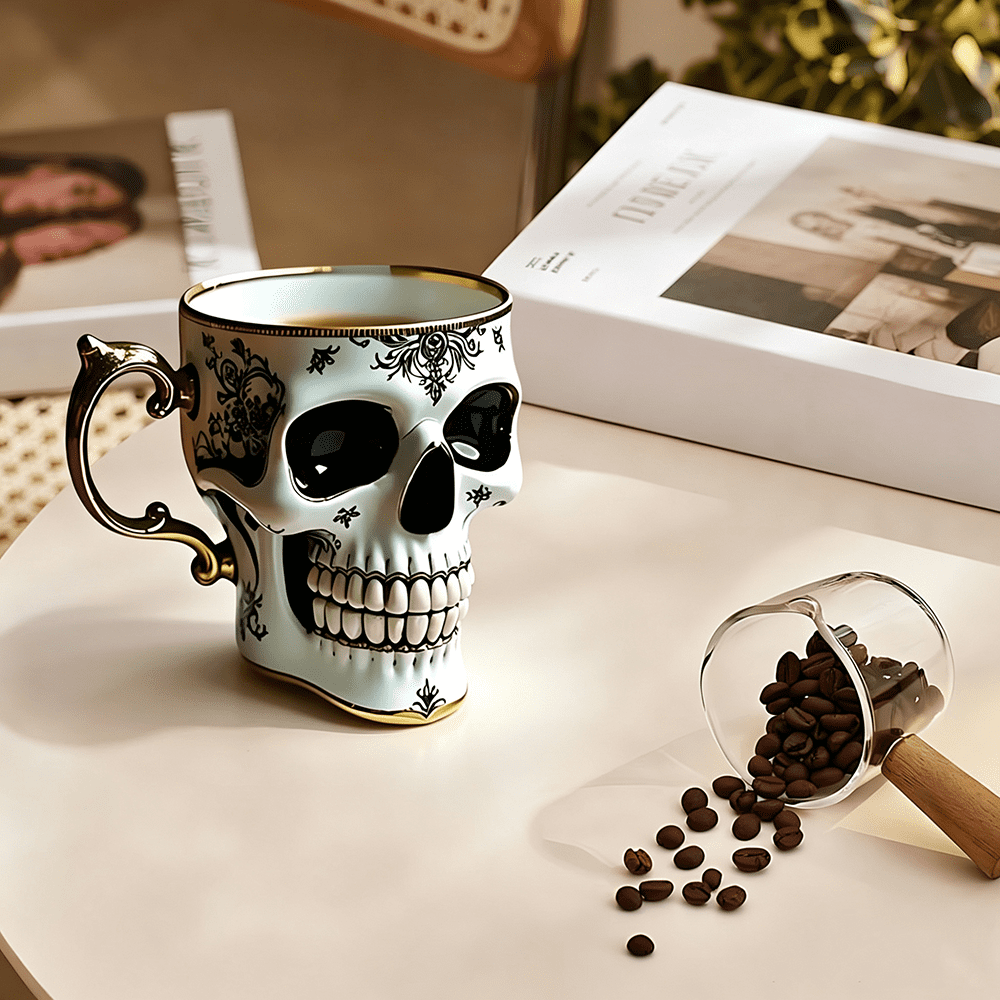 Skull Coffee Mug,Sparkly Skull Coffee Mug Gothic Tea Cups ,Skull Coffee Cup,Gothic Porcelain Tea Cup With Gold Trim, Skullcoffee Mug Halloween Gifts, Great For Coffee Lovers Unique Gift