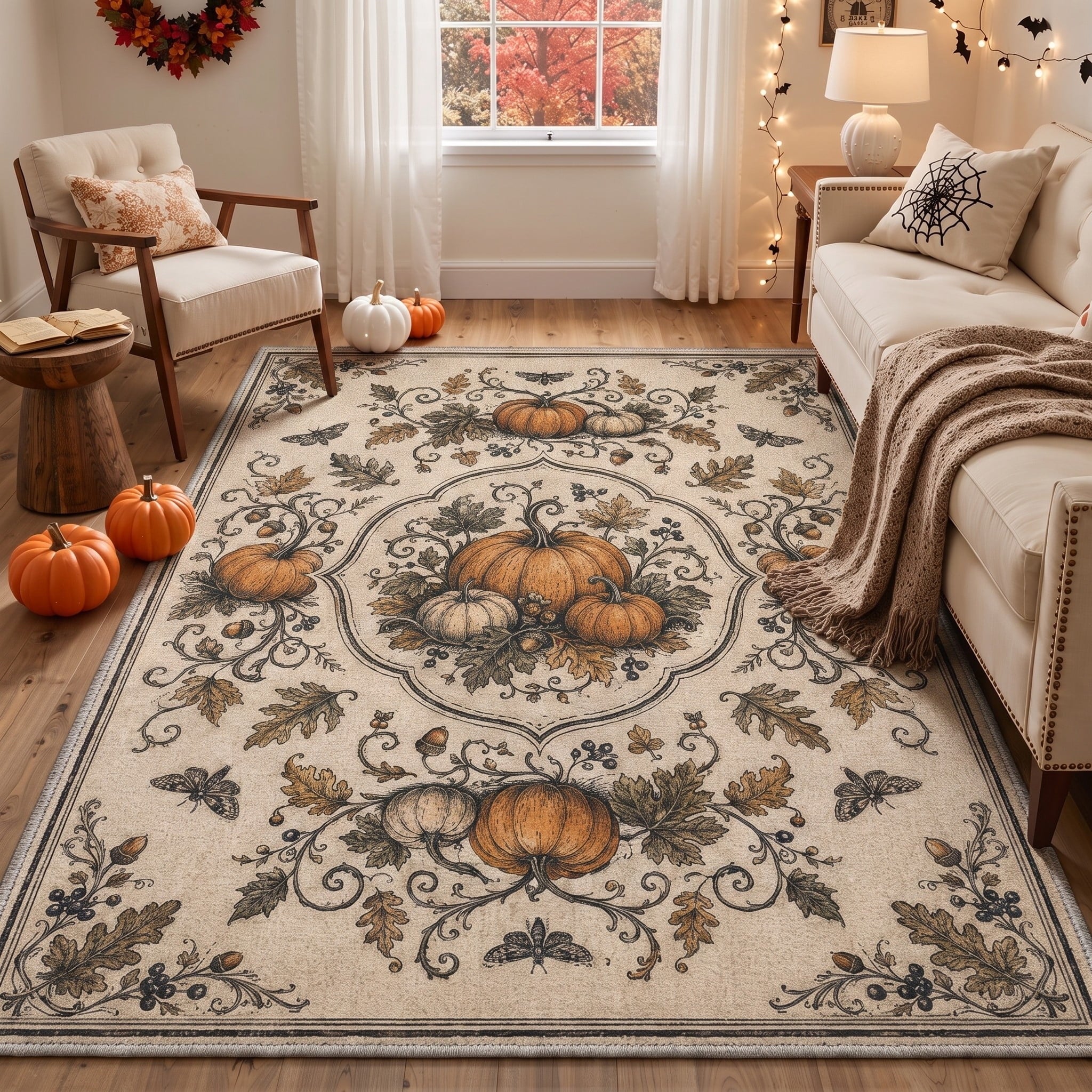 GENIMO 2'x7' Halloween Runner Rug, Washable Non Slip Soft Farmhouse Pumpkin Indoor Outdoor Hallway Runner for Porch Patio Kitchen Entryway, Vintage Sepia