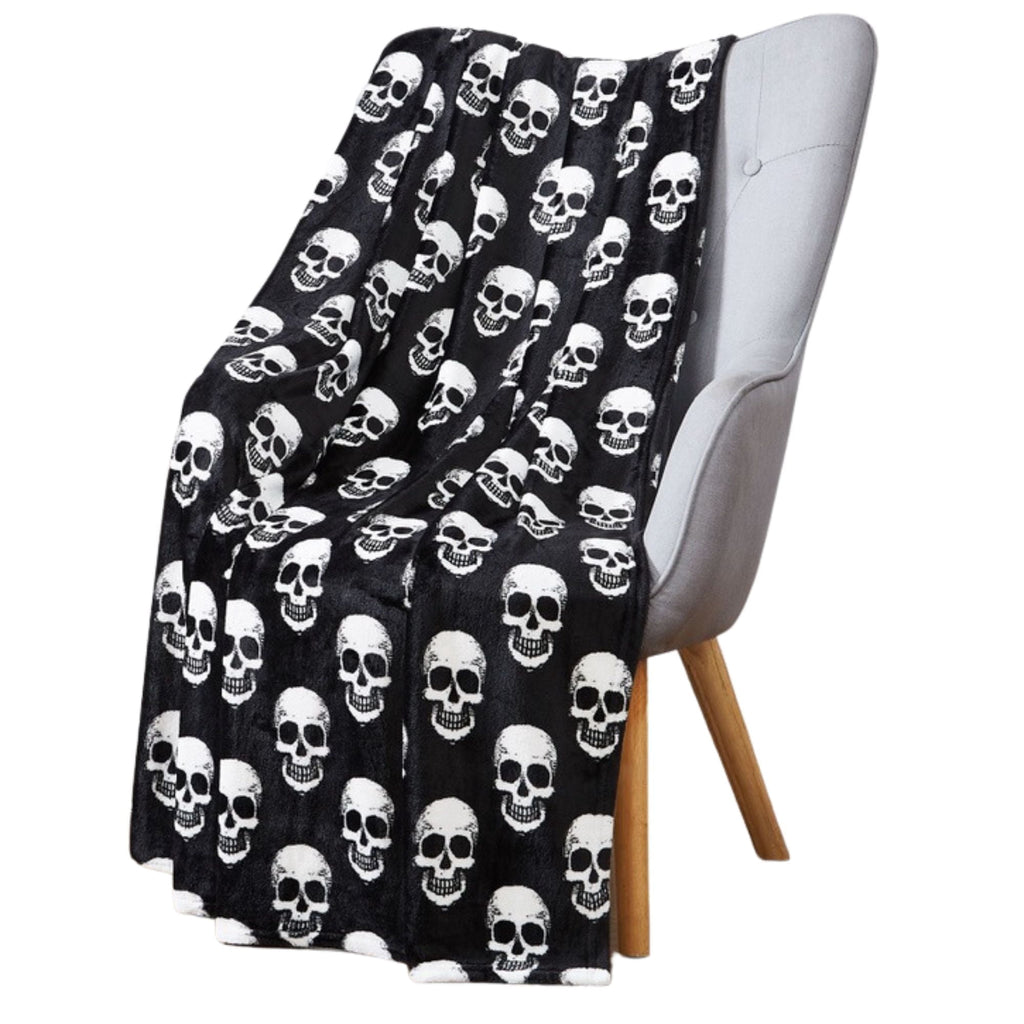 Serafina Home Halloween Throw Blanket: Fuzzy Boo! Jack O'Lantern Spider Webs Skull and Black Cats Print on Velvet Fleece for Sofa Bed Couch Chair Dorm