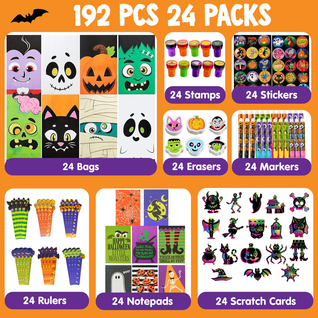 Joyfy 192 Pcs Halloween Stationery Set, Halloween Markers Rulers Stickers Erasers Stamps Notebooks Bags Party Favors,Halloween Trick or Treat Bags,Halloween Gifts for Kids,Classroom Favors