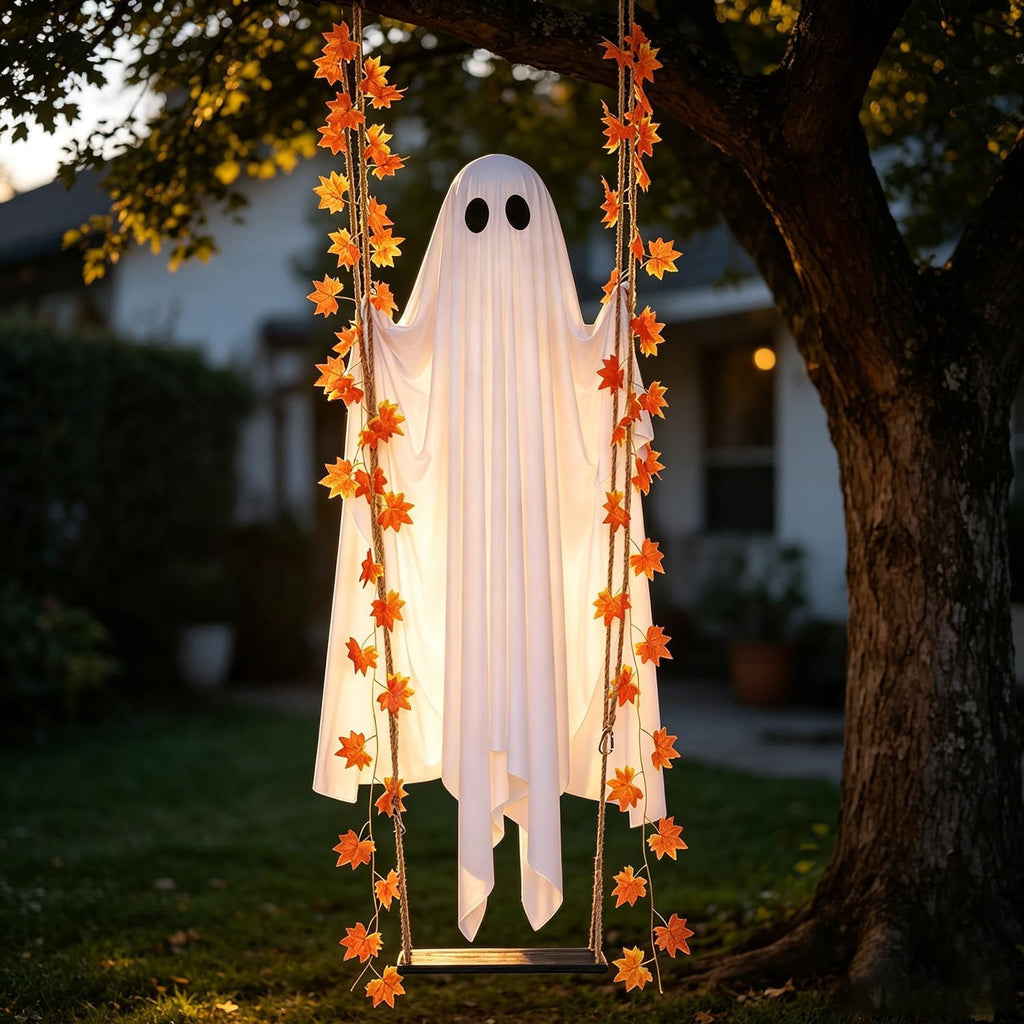 Hanging Swinging Ghost Halloween Decor - Outdoor Halloween Decorations with Ghost on A Swing for Outside Garden Yard Porch Tree, 4.4 FT Large Spooky Cute Ghosts with String Lights for Indoor Party