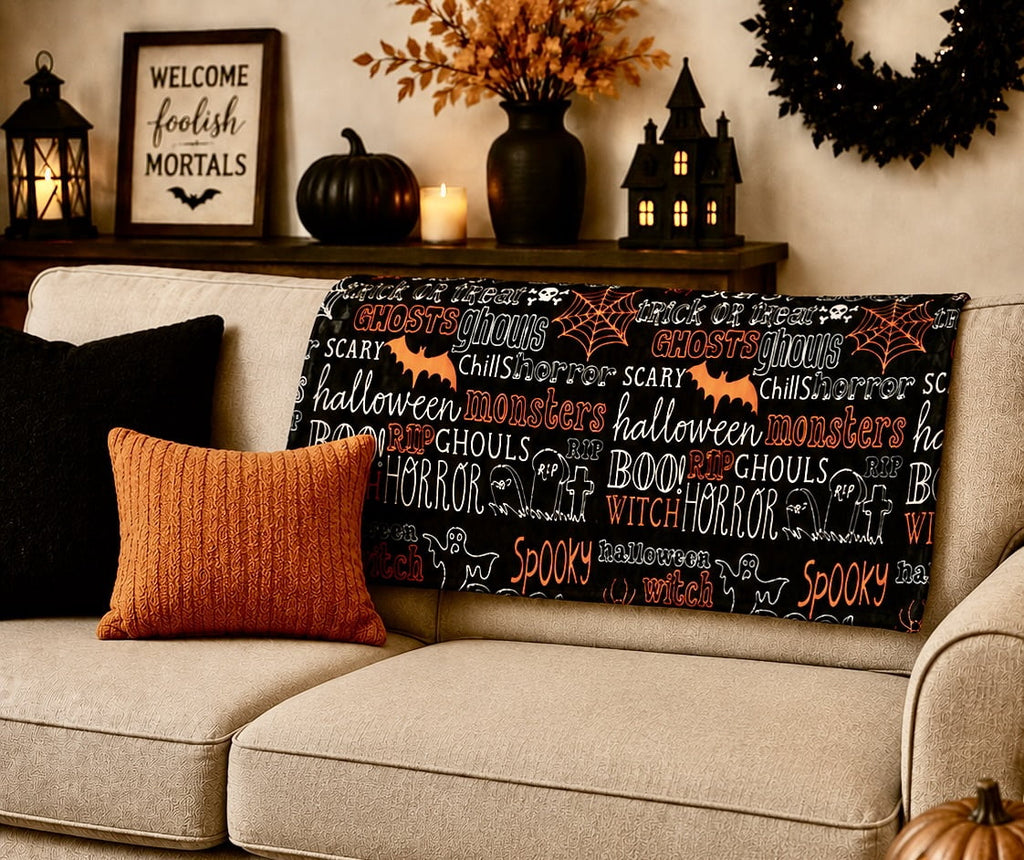 Serafina Home Halloween Throw Blanket: Fuzzy Boo! Jack O'Lantern Spider Webs Skull and Black Cats Print on Velvet Fleece for Sofa Bed Couch Chair Dorm
