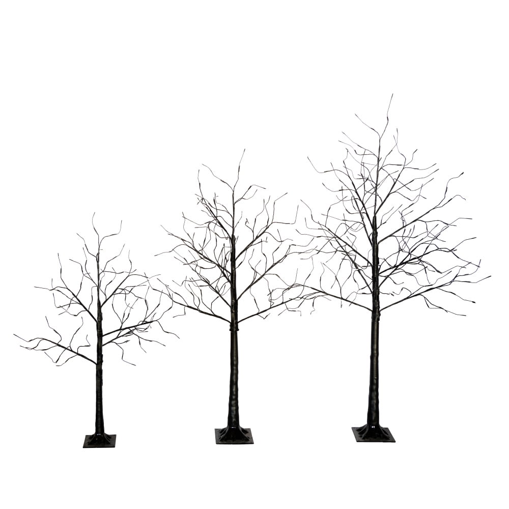 3-Pack Black Adjustable Branches Trees with Purple LED Lights, 4FT 5FT 6FT Pre-Lit Spooky Tree Set for Indoor Halloween Christmas Decor