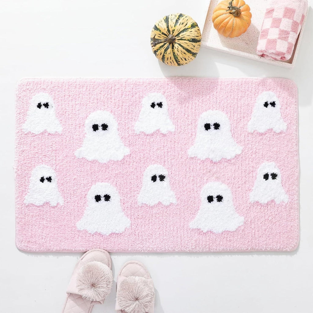 Halloween Doormat Ghost Bath Mat 23.6x15.7in Secure-Grip Absorbent Soft Faux Fur Rug for Bathroom Bedroom Living Room Decor by OVFUIZ