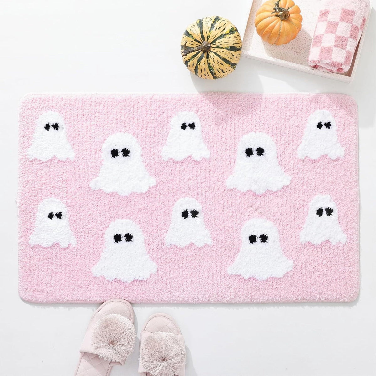 Halloween Doormat Ghost Bath Mat 23.6x15.7in Secure-Grip Absorbent Soft Faux Fur Rug for Bathroom Bedroom Living Room Decor by OVFUIZ