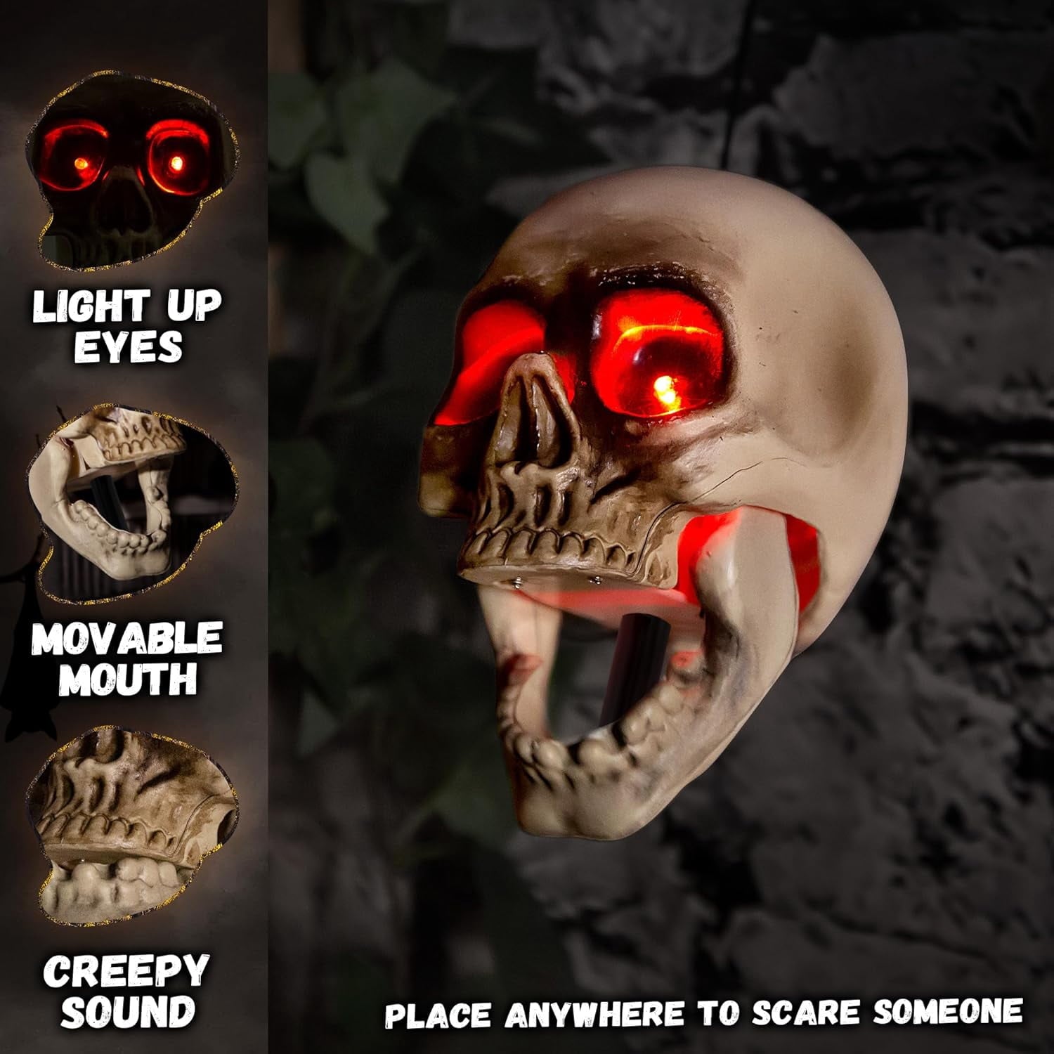Halloween Animatronics Skull Stakes Pathway Markers, Hanging Animated Decorations, Floating Scary Skeleton with Sound Activated, Talking, Light Up Eyes, Haunted Horror Prop for Indoor, Outdoor (3Pack