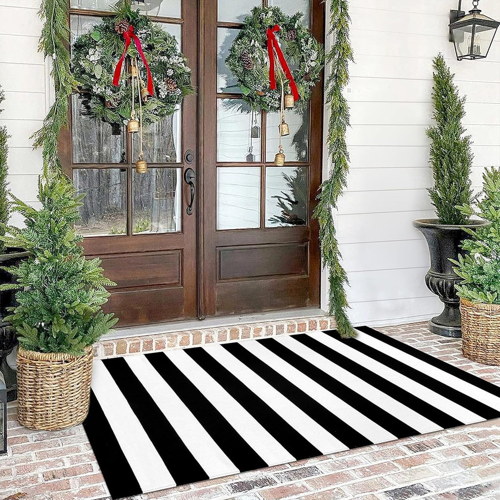 JOGZMZ Fall Outdoor Rug Halloween Rug Thanksgiving Decor Rug New Stripe Outdoor Rug Layered Doormats for Front Door Porch Farmhouses Entryway Patio Dark Color Rug 16×24 in