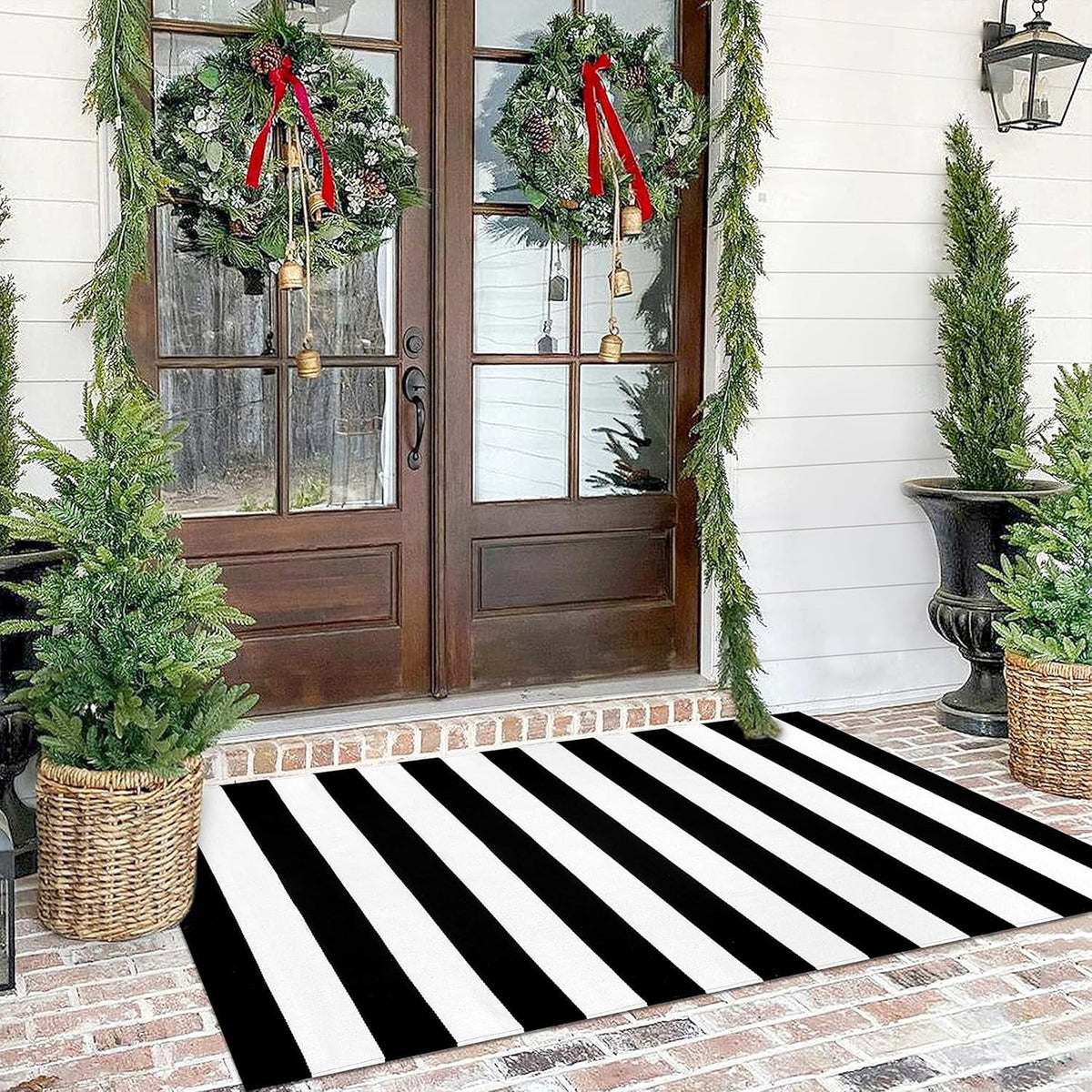JOGZMZ Fall Outdoor Rug Halloween Rug Thanksgiving Decor Rug New Stripe Outdoor Rug Layered Doormats for Front Door Porch Farmhouses Entryway Patio Dark Color Rug 16×24 in
