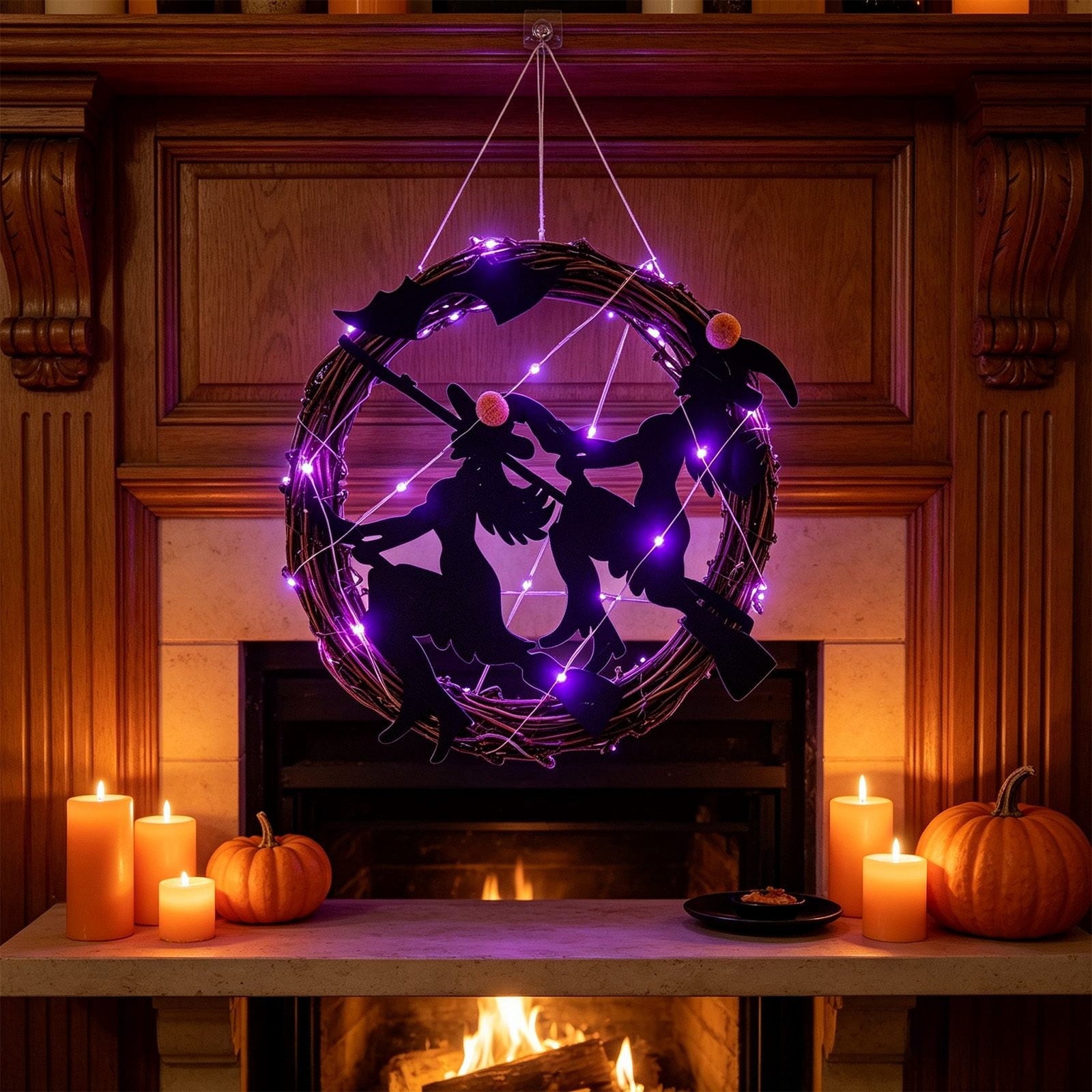 WWC Halloween Wreath, Orange LED Pumpkin and Bats Wreath, Gothic Halloween Decorations Wreath for Front Door, Indoor Outdoor Party Decor