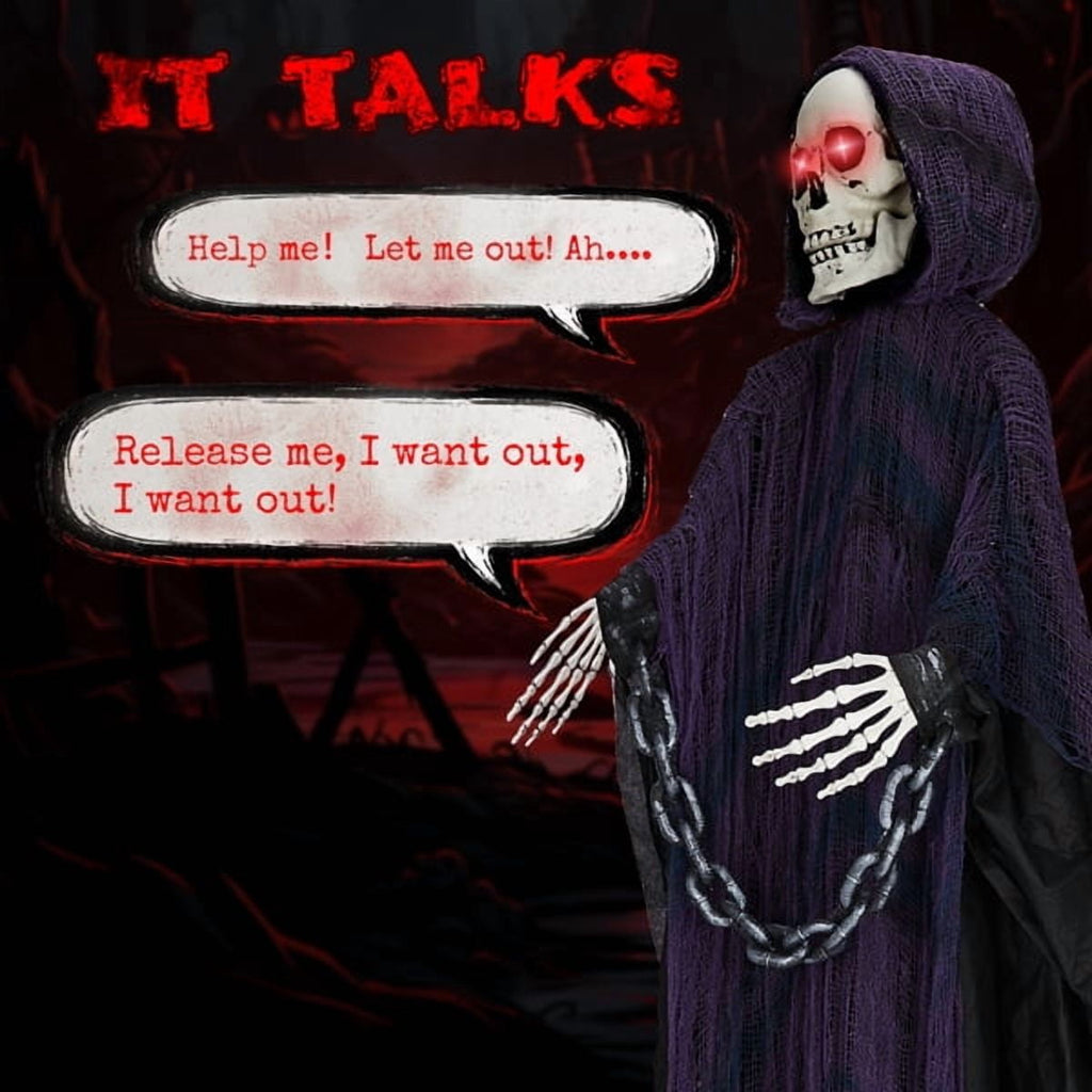 Alvantor Halloween Animated Decorations - 6 FT Sound-Activated Animatronic Grim Reaper with Chain, Moving Head and Hands, Red LED Eyes