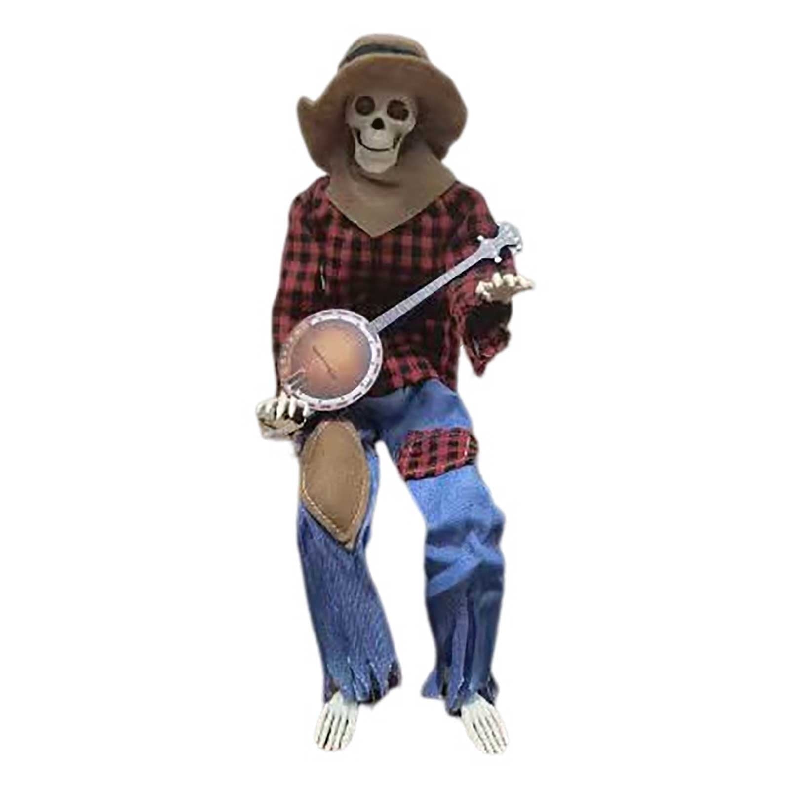 Halloween Animatronics Banjo Skeletons Decorations, Animated Skull with Sound Activated, Funny Voice, Light Up Eyes, Playing Musical Halloween Prop Decor for Indoor, Outdoor, Yard Lawn(Yellow)