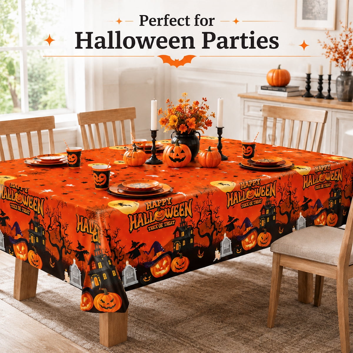Halloween Tablecloth Decorations Halloween Party Supplies Plastic Disposable Rectangle Tablecovers Skeletons Ghosts Pumpkin Table Décor 3Pcs Design 2