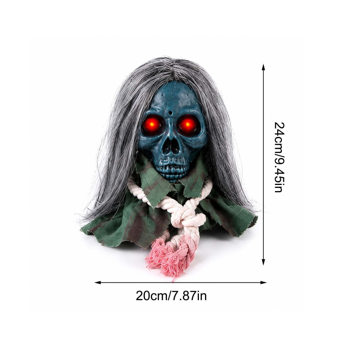 Moving Long Hair Hanging Skull Head Prop, Creepy Animated Halloween Skeleton Decor, Spooky Ornament for House, Party, Indoor Outdoor (Batteries Not Included)