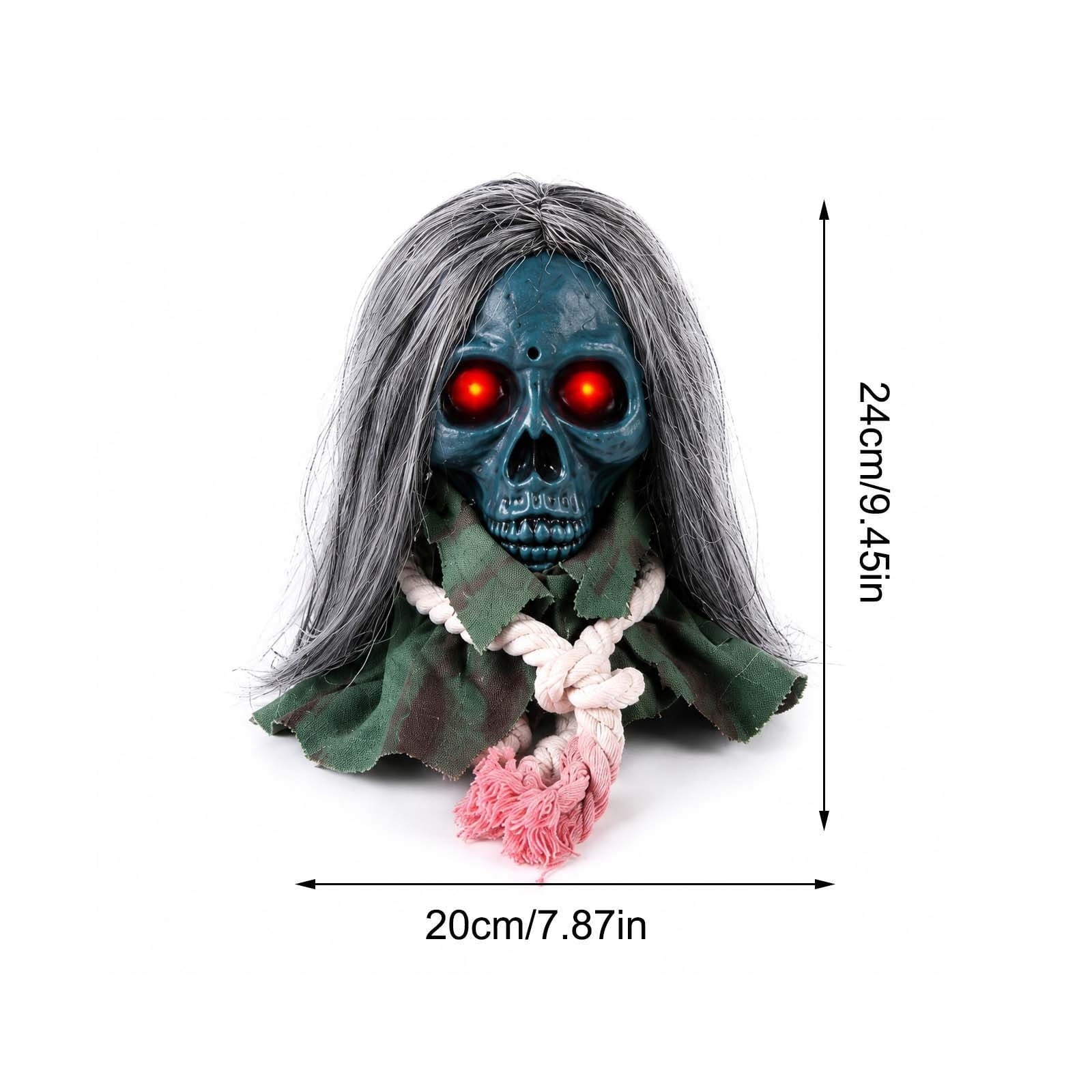 Animated Walking Skull Head with Light-Up Red Eyes Creepy Moving Halloween Prop with Long Grey Hair Horror Music Motorized Resin Decoration for Party Yard Indoor Outdoor Spooky Decor Gift