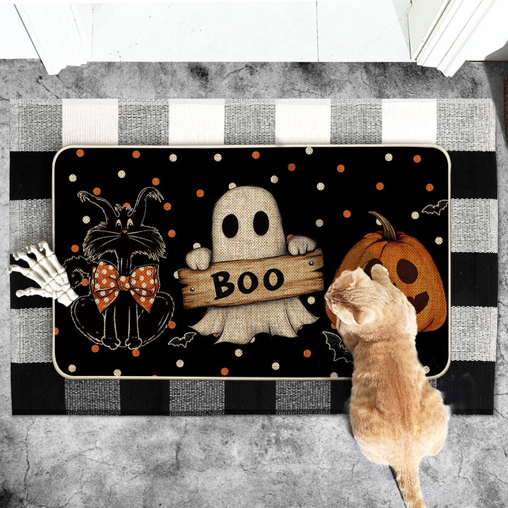Sm:)e Polka Dot Black Cat, Jack-O'-Lantern, Ghost Halloween Welcome Doormat, 17x29 Inch