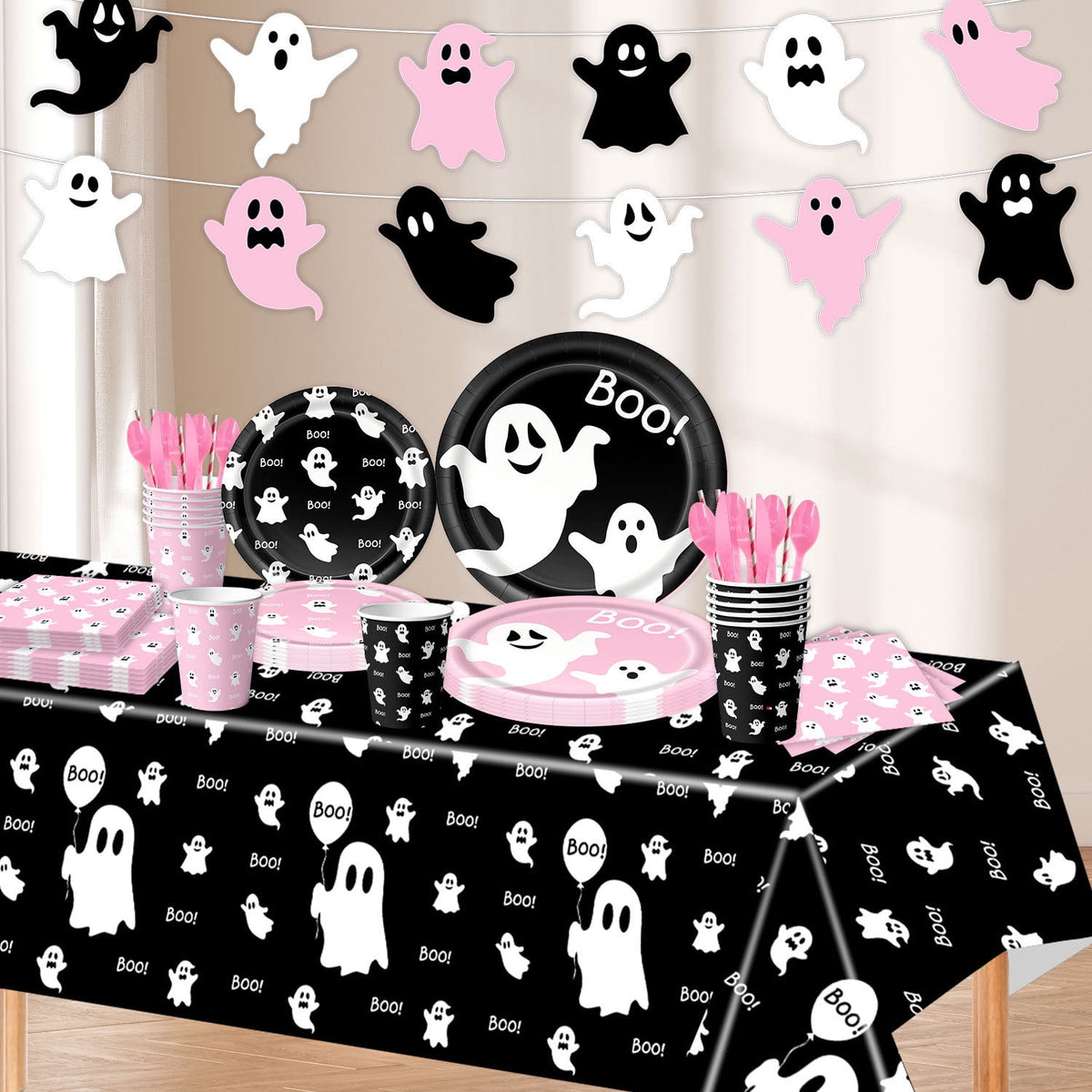 50/73/93Pcs Halloween Boo Party Tableware Supplies Decorations,Spooky Ghost Plates Napkins Boo Ghost Tableware Tablecloth Banner for Halloween Birthday Party Boo Baby Shower Party Supplies