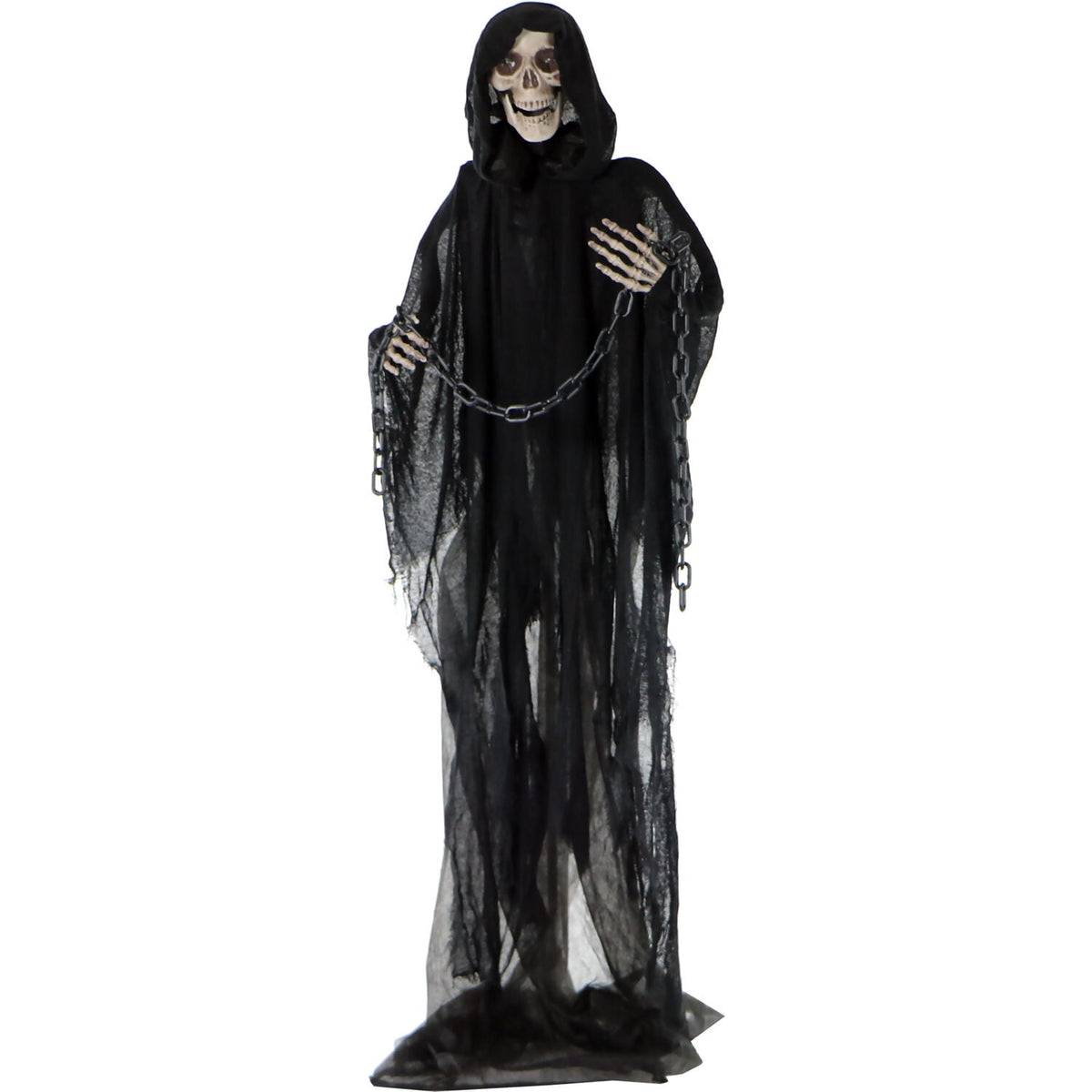 Haunted Hill Farm 5 ft Life-Size Animated Grim Reaper Prop w/ Chain and Rotating Head for Indoor or Outdoor Halloween Decoration, Battery-Operated
