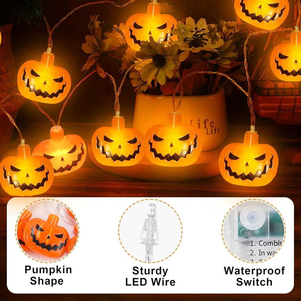 Qoosea Halloween Pumpkin String Lights, 20 LED 10.5ft 8 Modes Waterproof Orange Halloween Decorations Outdoor Indoor Bedroom Camper Party Decor