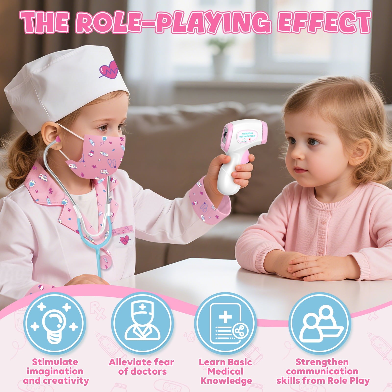 Doctor Costume Set for Kids, Pretend Play Doctor Dress up Clothes with Medical Accessories, Kids Doctor Costume Set Toy for Age 3 4 5 6 Boys Girls - Pink(110cm*3.6in)