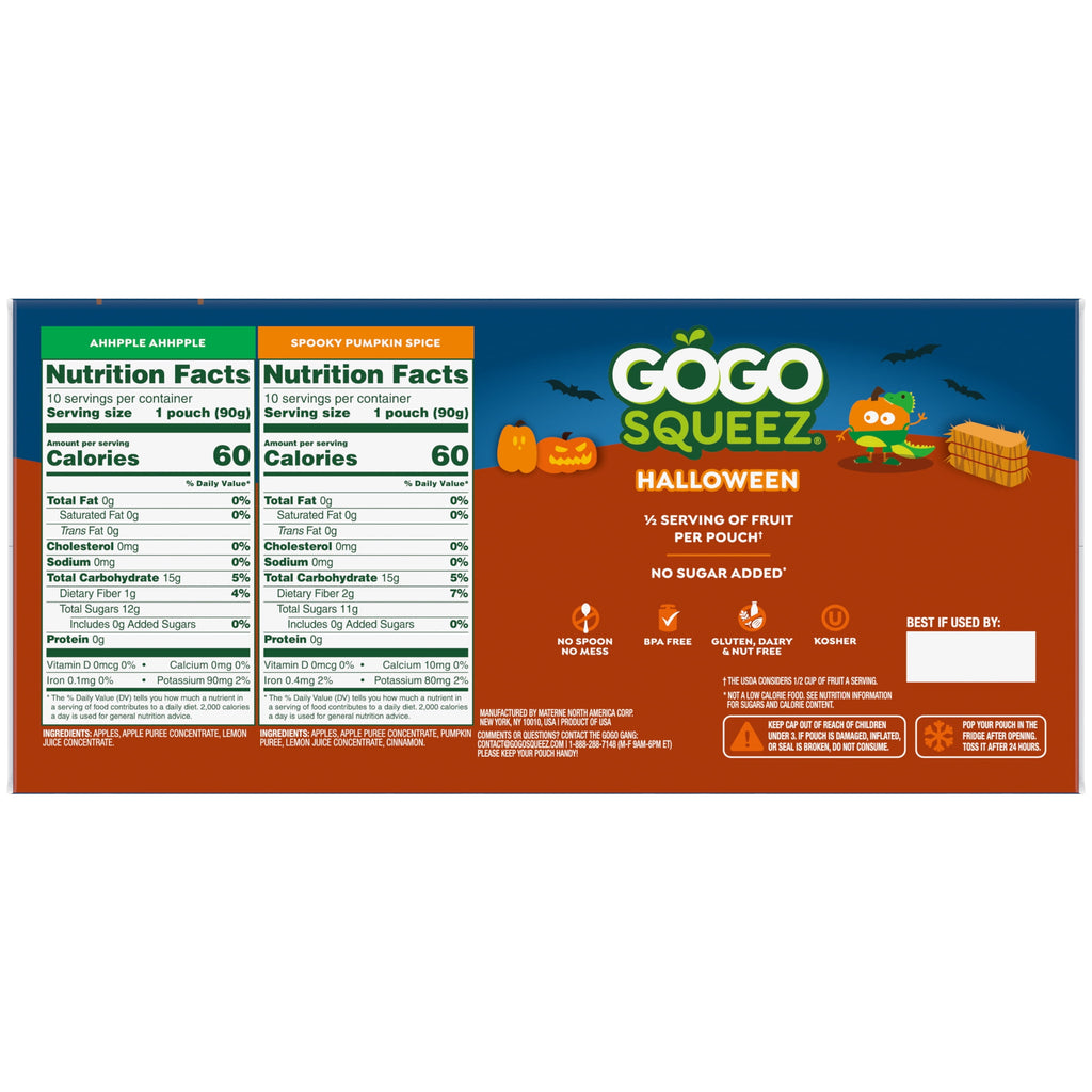 GoGo squeeZ No Sugar Added Halloween Apple Pumpkin Spice Variety Pack, 3.2 oz (20 Pack)
