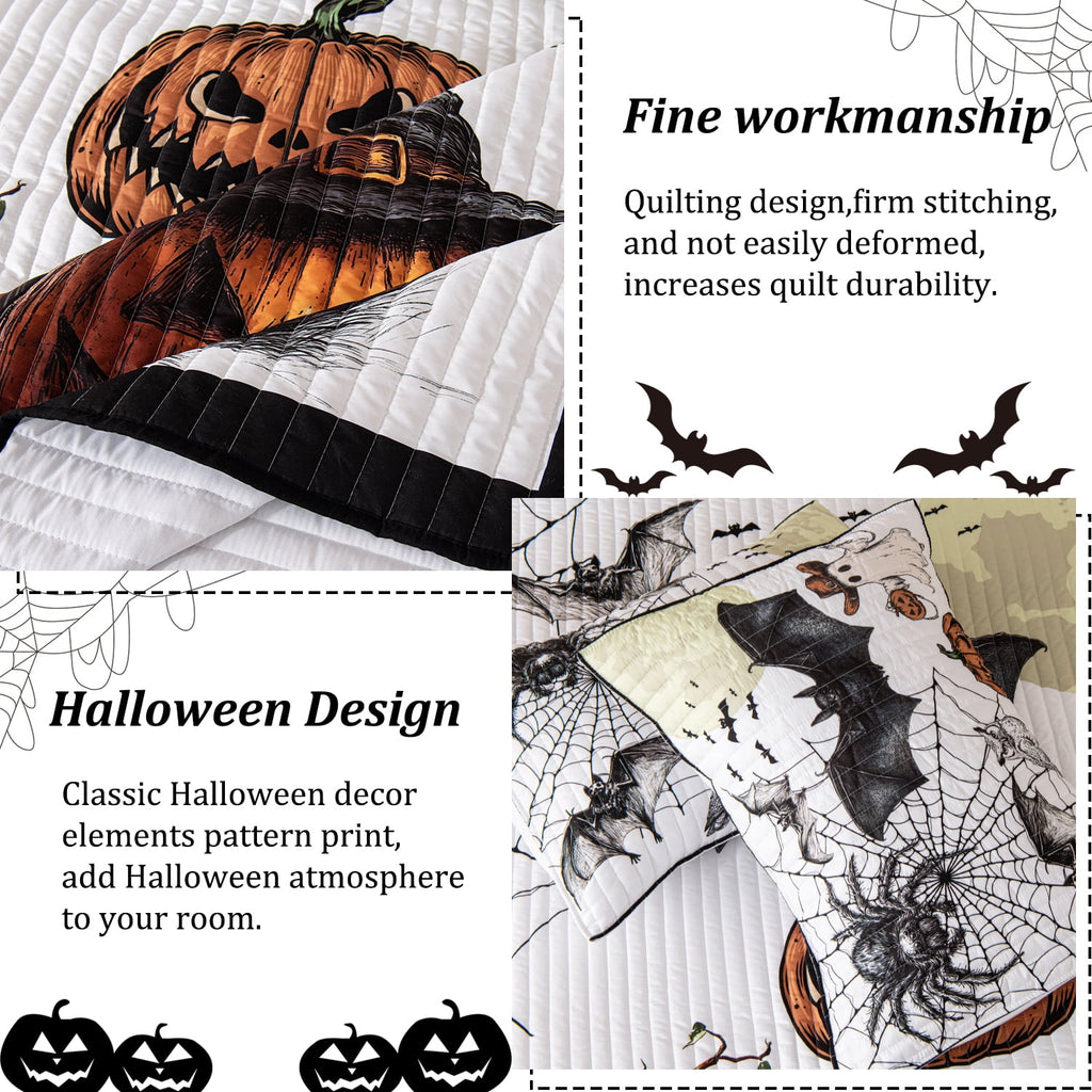 Evenhug Halloween Quilt Set,3-Piece Queen Size Bat Crow Pumpkin Halloween Themed Bedding Set Reversible Coverlet Set with 2 Pillow Shams