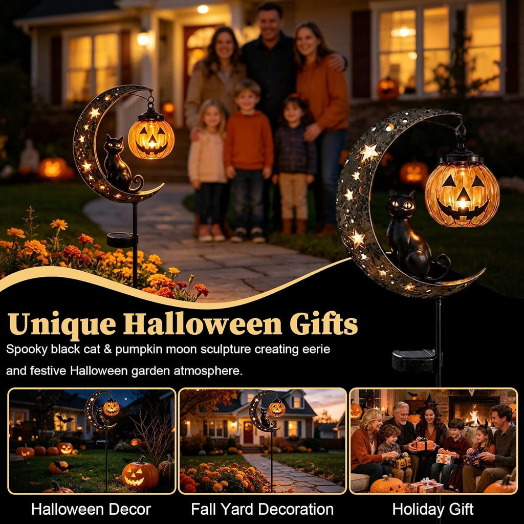 Solar Halloween Black Cat & Pumpkin Moon Garden Stake Light | Waterproof Metal Black Cat Yard Ornament, Auto On Off Solar Outdoor Light, Fall Halloween Decor Stake for Lawn Patio Pathway