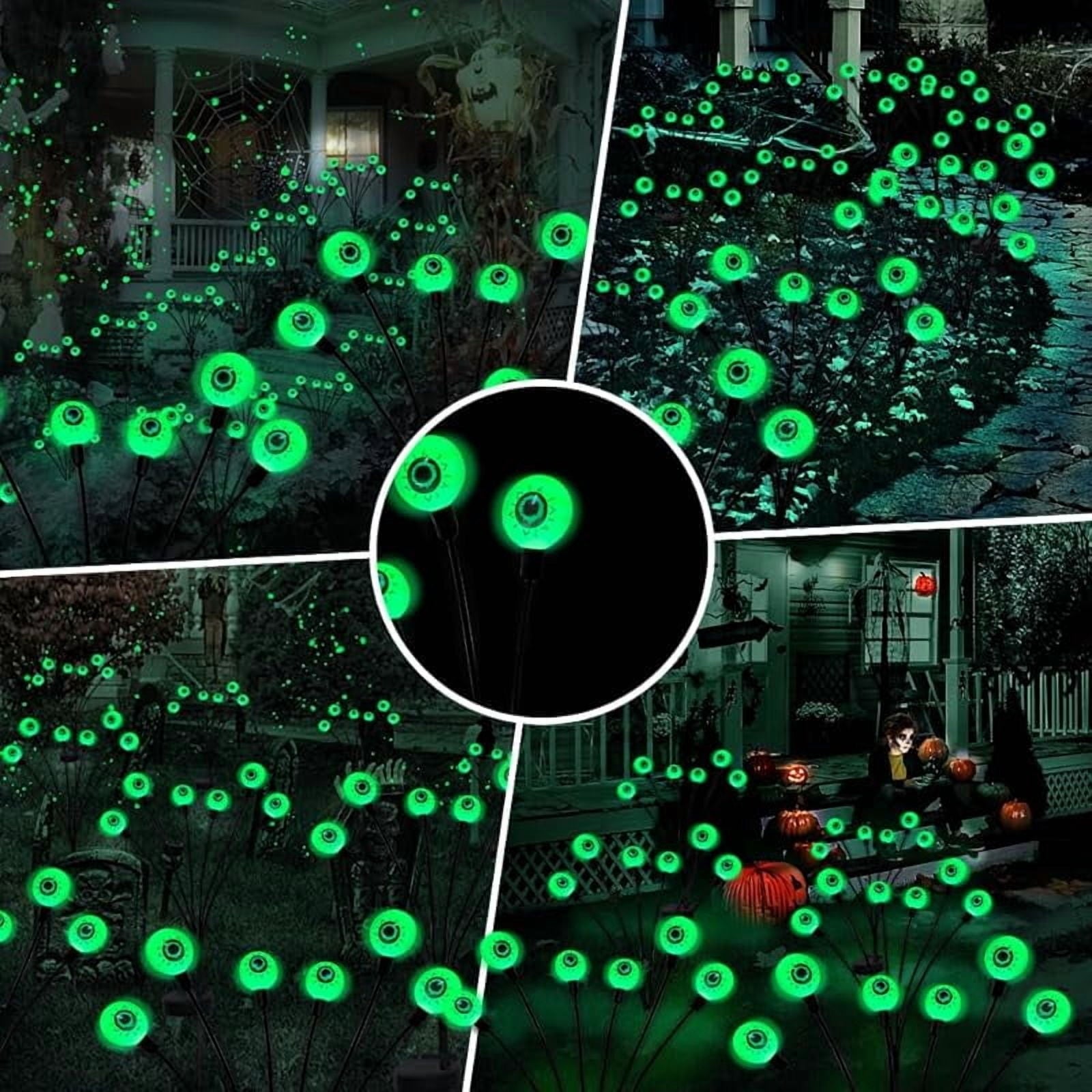 Halloween Decoration Outdoor Solar Horror Eyeball Lights, 2 Pack 12 LED Green Eyeball Swinging Firefly Lights, Waterproof Solar Halloween Street Lights Suitable for Courtyard/Garden/Lawn/Party Decora