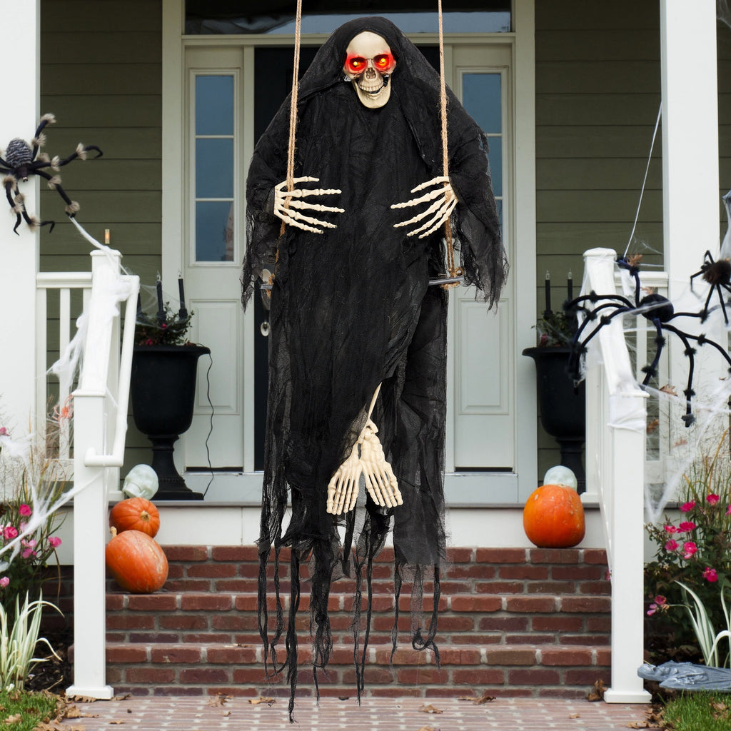 Joyfy 3 FT Halloween Hanging Swinging Skeleton,Light Up Creepy Grim Reaper with Black Hood Decorations for Halloween Hanging Decorations Indoor Outdoor Yard Home Decorations