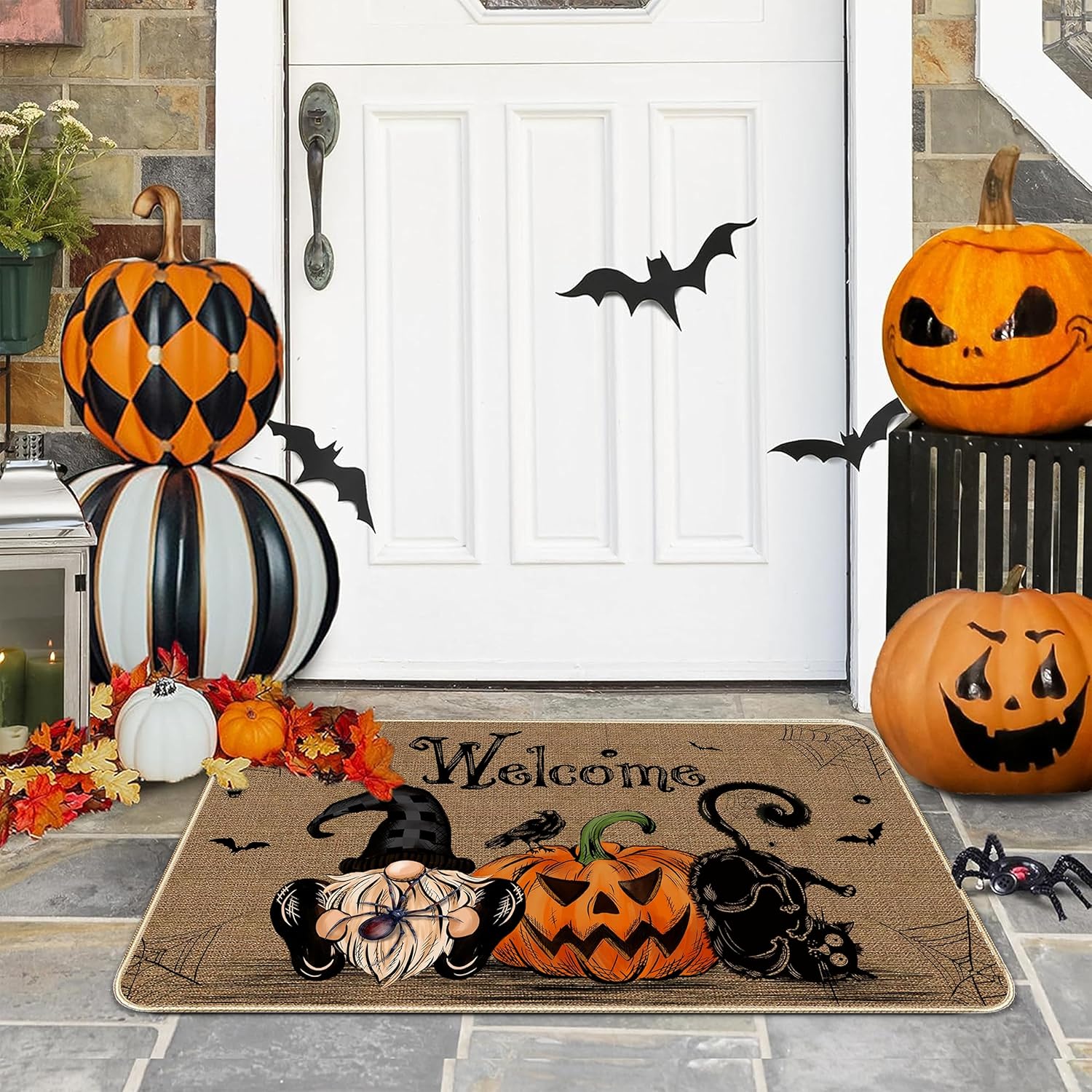 NIETEIN Halloween Door Mat Pumpkin Cat Gnomes Non-Slip Washable 31.5x19.7 Inch (Black Cat Pumpkin Dwarf)